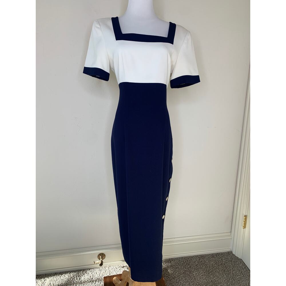Vintage Liz Claiborne Midi Dress Blue Cream Colorblock Side Button Sz 6